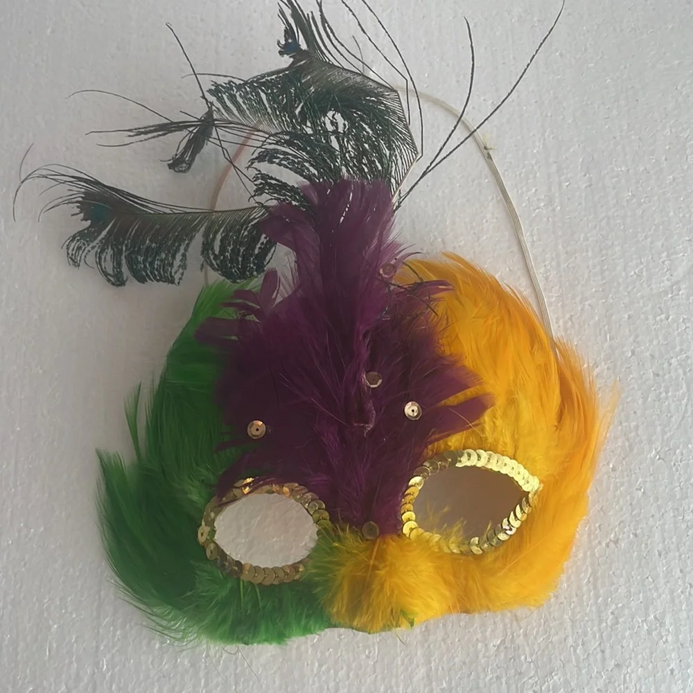 Peacock feather mask sequins purple yellow green Halloween Mardi Gras theater
